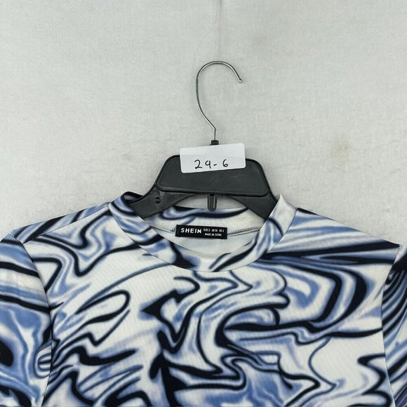 SheIn T Shirt Womens 4 Blue White Marble Print Tee Cut Out Round Neck Tie Side - Picture 12 of 12